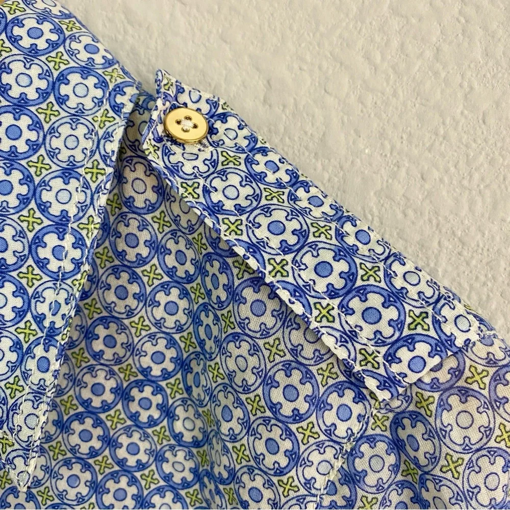 Tory Burch Blue Geometric Tile Print‎ Roll Tab Utility Shirt Size 8